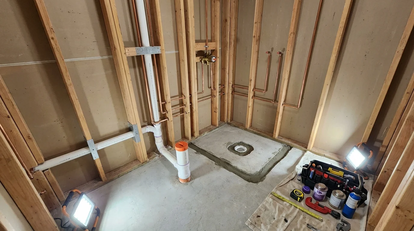 Bathroom rough-in plumbing during remodel by Johns Plumbing LLC in Sioux City