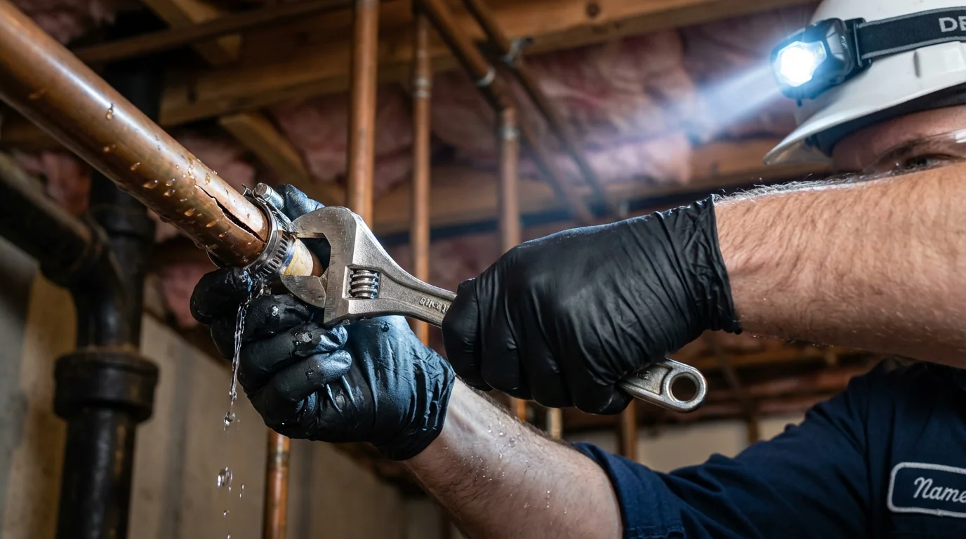 Emergency pipe clamp repair being performed by a Johns Plumbing LLC plumber in Sioux City
