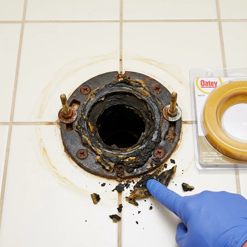 Failed wax ring showing water seepage at the base of a toilet in a Sioux City, IA home