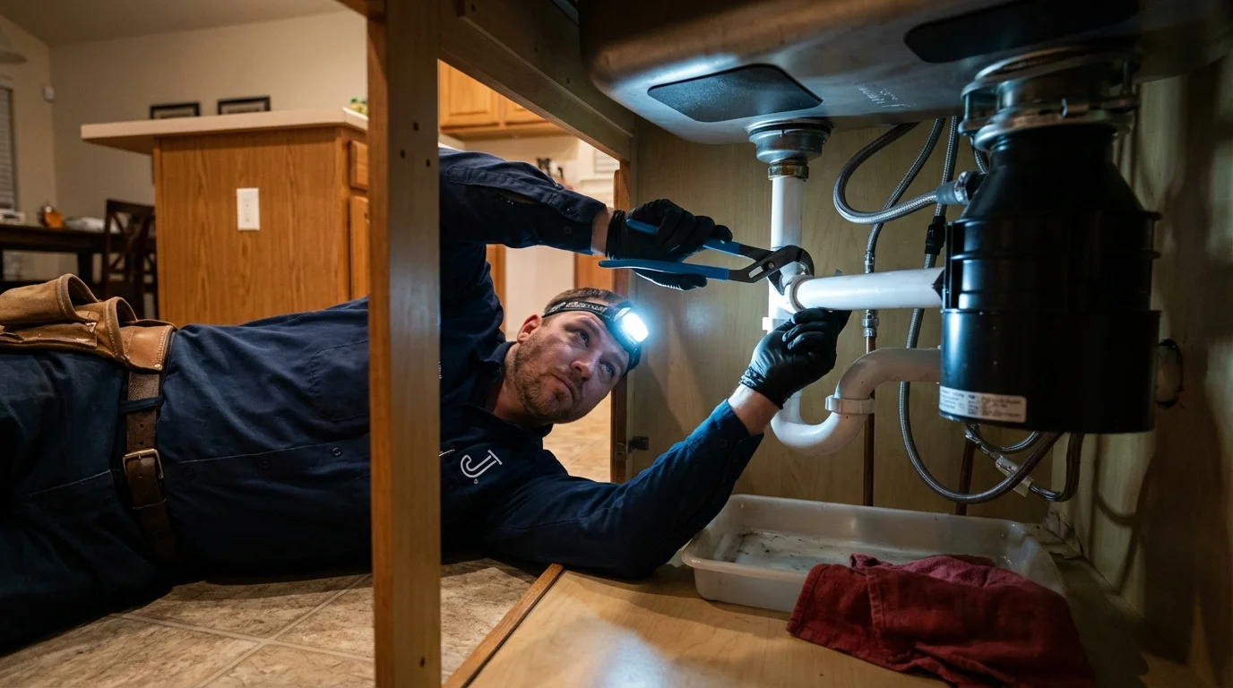 P-trap and supply line connections under a kitchen sink showing a common leak point in Sioux City, IA